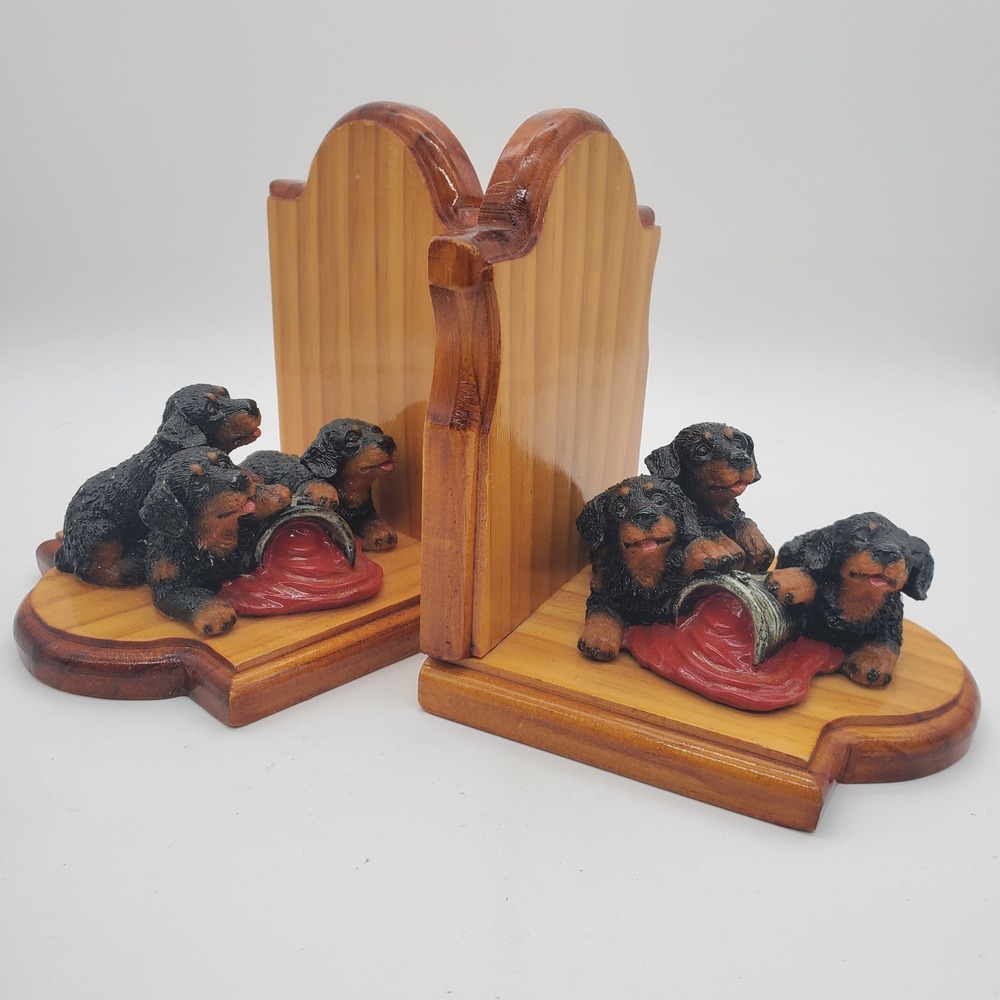 Handmade Wooden Rottweiler Puppy Bookends Dog Lover Decor Three Puppies Set